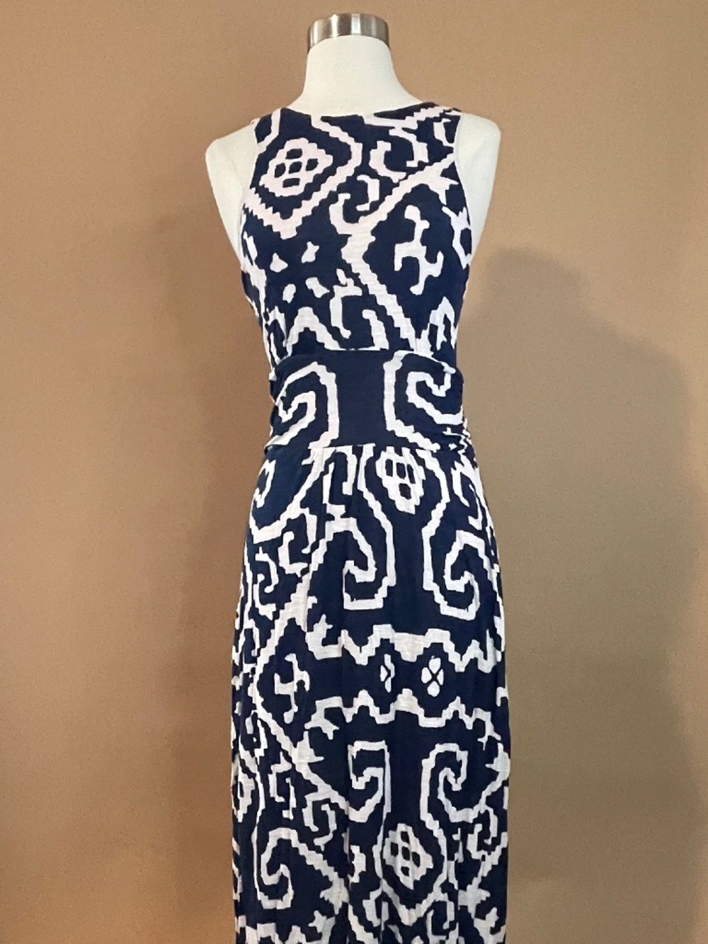 Maeve Anthropologie Navy Ikat Scrollwork Maxi Dress M Sleeveless Racerback